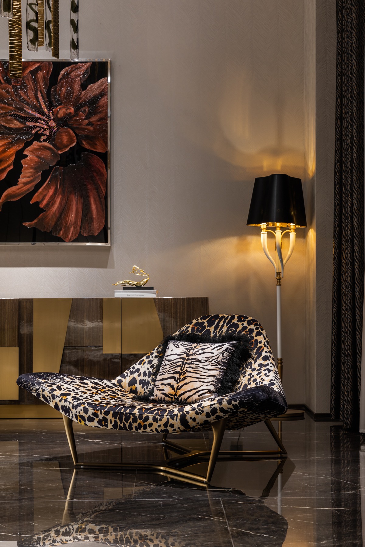 Leopard patterned sculptural lounge chair in elegant interior